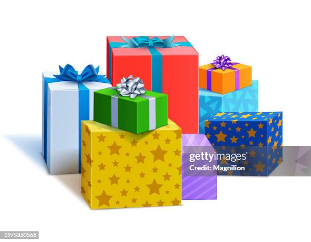 pile of surprises, festive gift boxes, mountain of gift boxes - stack gift boxes stock illustrations