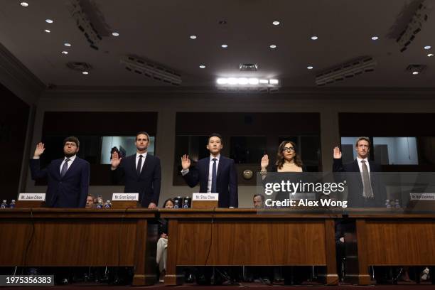 Jason Citron, CEO of Discord, Evan Spiegel, CEO of Snap, Shou Zi Chew, CEO of TikTok, Linda Yaccarino, CEO of X, and Mark Zuckerberg, CEO of Meta are...
