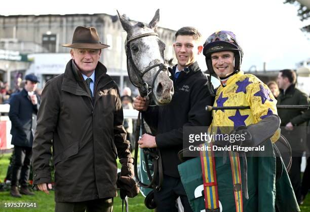 Dublin , Ireland - 03 February 2024; Jockey Danny Mullins with trainer Willie Mullins after winning the Goffs Irish Arkle Novice Chase on Il Etait...