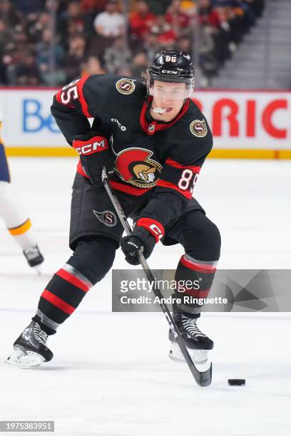 Jake Sanderson of the Ottawa Senators skates against the Nashville Predators at Canadian Tire Centre on January 29, 2024 in Ottawa, Ontario, Canada.