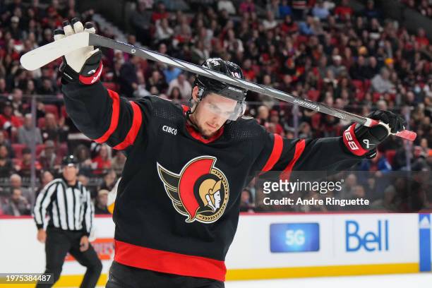 Drake Batherson of the Ottawa Senators reacts after a missed scoring chance against the Nashville Predators at Canadian Tire Centre on January 29,...