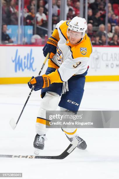 Jeremy Lauzon of the Nashville Predators skates against the Ottawa Senators at Canadian Tire Centre on January 29, 2024 in Ottawa, Ontario, Canada.