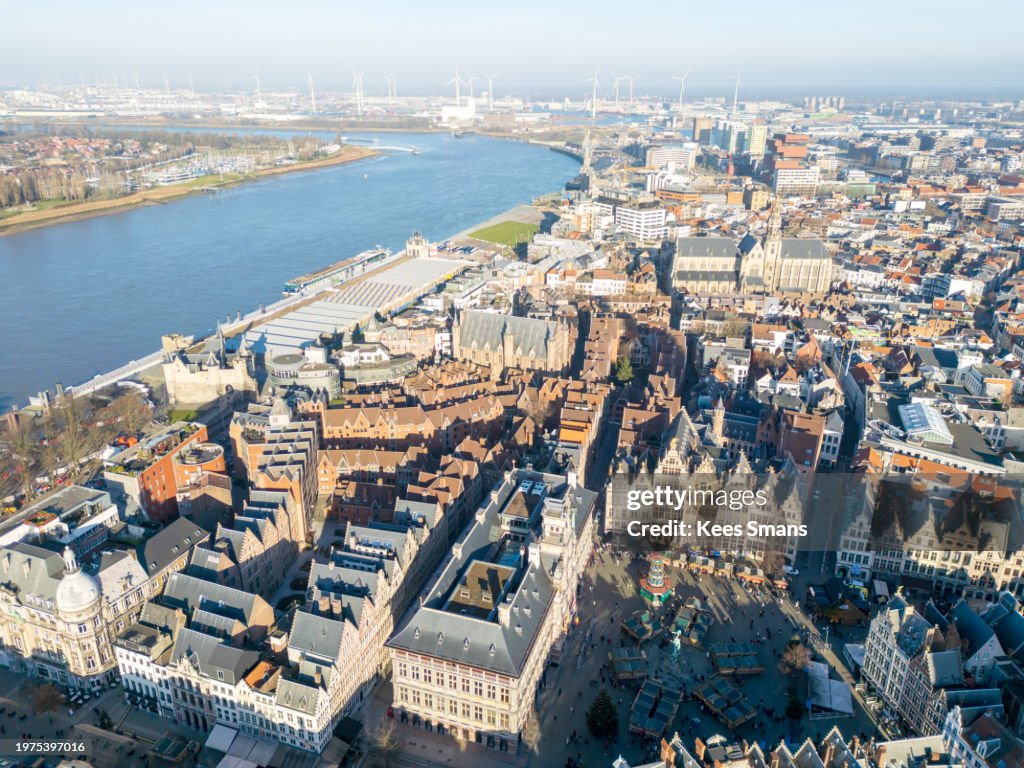Aerial view of Antwerp and river scheldt.