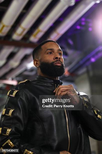 Odell Beckham Jr. #3 of the Baltimore Ravens arrives prior to the AFC Championship NFL football game against the Kansas City Chiefs at M&T Bank...