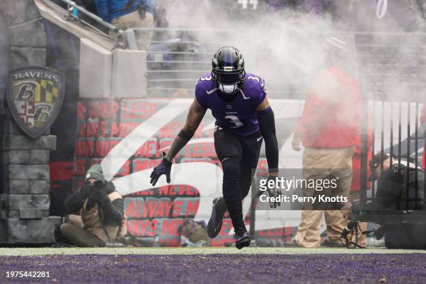 Odell Beckham Jr. #3 of the Baltimore Ravens runs out of the tunnel prior to the AFC Championship NFL football game against the Kansas City Chiefs at...