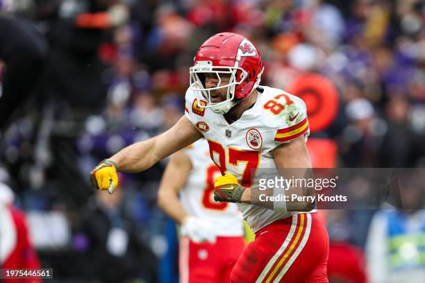 Travis Kelce of the Kansas City Chiefs celebrates during the AFC Championship NFL football game against the Baltimore Ravens at M&T Bank Stadium on...