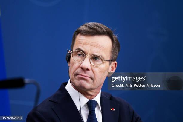 Press briefing with President Macron and Prime Minister Ulf Kristersson at the Swedish Parliament, RIksdagen, on January 30, 2024 in Stockholm,...