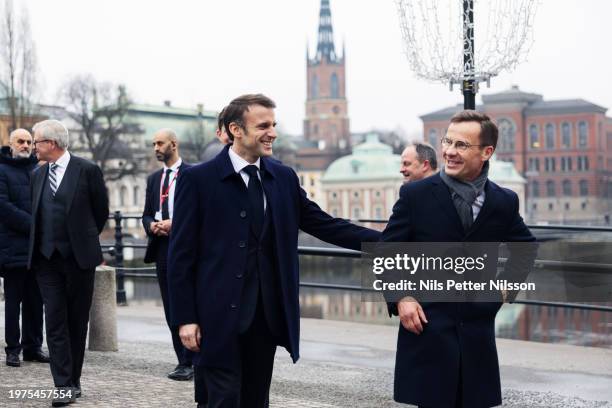 President Macron meets Prime Minister Ulf Kristersson at the Swedish Parliament, RIksdagen, on January 30, 2024 in Stockholm, Sweden. The two-day...