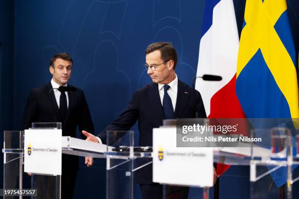 Press briefing with President Macron and Prime Minister Ulf Kristersson at the Swedish Parliament, RIksdagen, on January 30, 2024 in Stockholm,...