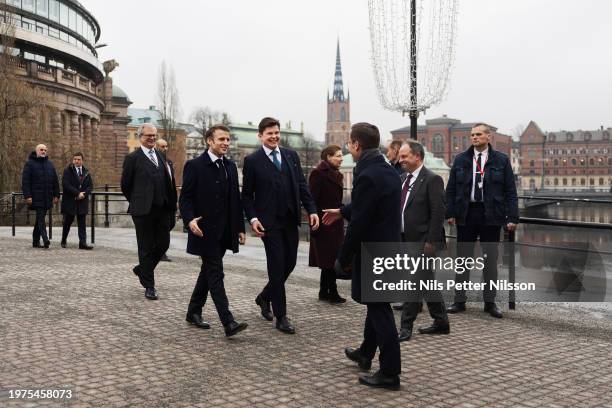 President Macron and the first speaker of the house, Andreas Norlén meets Prime Minister Ulf Kristersson at the Swedish Parliament, RIksdagen, on...