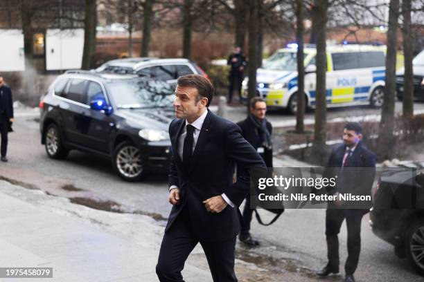 President Macron arrives at the Swedish Parliament, RIksdagen, on January 30, 2024 in Stockholm, Sweden. The two-day visit consisted of trips to...