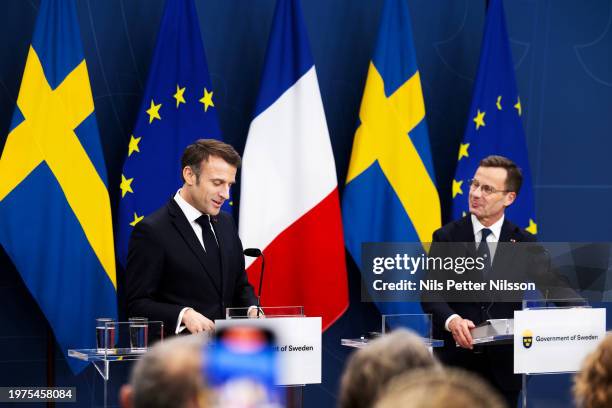 Press briefing with President Macron and Prime Minister Ulf Kristersson at the Swedish Parliament, RIksdagen, on January 30, 2024 in Stockholm,...