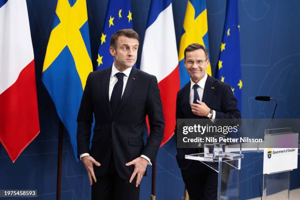 Press briefing with President Macron and Prime Minister Ulf Kristersson at the Swedish Parliament, RIksdagen, on January 30, 2024 in Stockholm,...