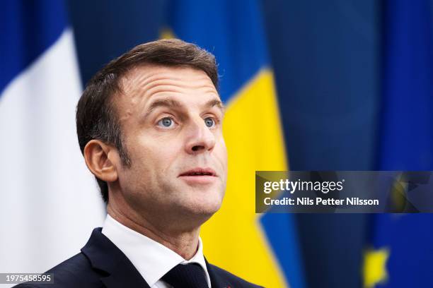 Press briefing with President Macron and Prime Minister Ulf Kristersson at the Swedish Parliament, RIksdagen, on January 30, 2024 in Stockholm,...