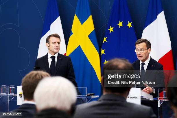 Press briefing with President Macron and Prime Minister Ulf Kristersson at the Swedish Parliament, RIksdagen, on January 30, 2024 in Stockholm,...