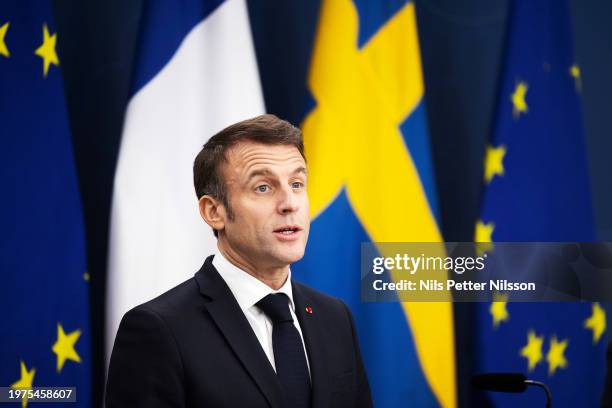 Press briefing with President Macron and Prime Minister Ulf Kristersson at the Swedish Parliament, RIksdagen, on January 30, 2024 in Stockholm,...