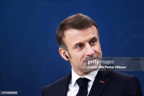 Press briefing with President Macron and Prime Minister Ulf Kristersson at the Swedish Parliament, RIksdagen, on January 30, 2024 in Stockholm,...