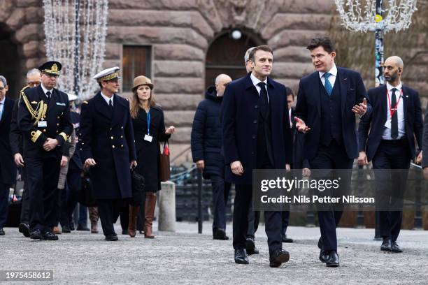 President Macron walks with the first speaker of the house, Andreas Norlén at the Swedish Parliament, RIksdagen, on January 30, 2024 in Stockholm,...