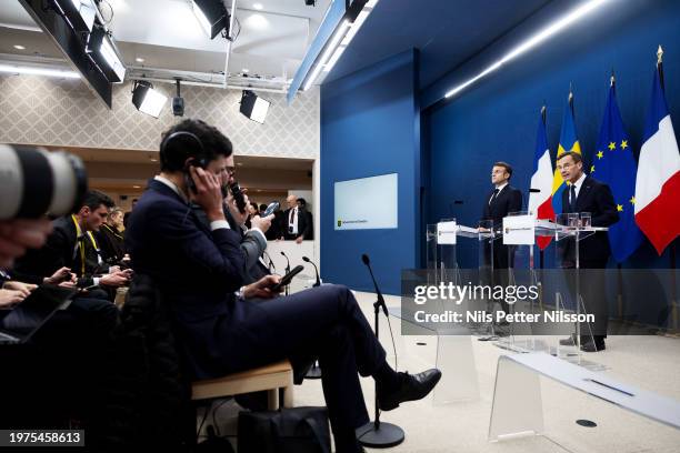 Press briefing with President Macron and Prime Minister Ulf Kristersson at the Swedish Parliament, RIksdagen, on January 30, 2024 in Stockholm,...