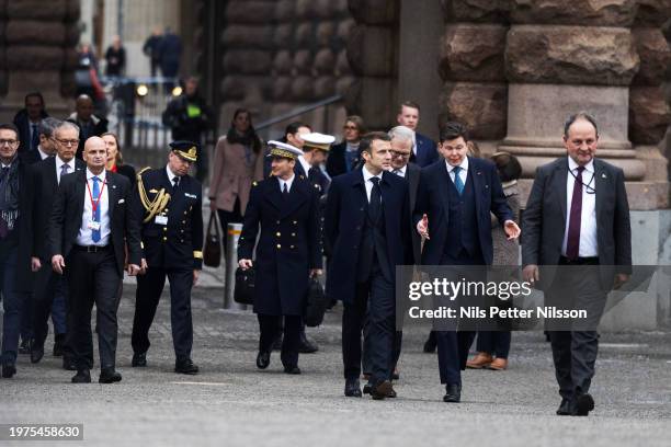 President Macron walks with the first speaker of the house, Andreas Norlén at the Swedish Parliament, RIksdagen, on January 30, 2024 in Stockholm,...