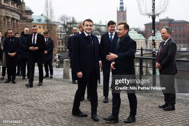 President Macron meets Prime Minister Ulf Kristersson at the Swedish Parliament, RIksdagen, on January 30, 2024 in Stockholm, Sweden. The two-day...