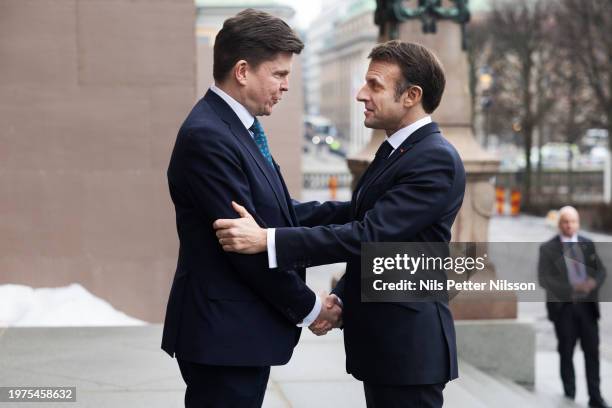 President Macron is greeted by first speaker of the house, Andreas Norlén at the Swedish Parliament, RIksdagen, on January 30, 2024 in Stockholm,...