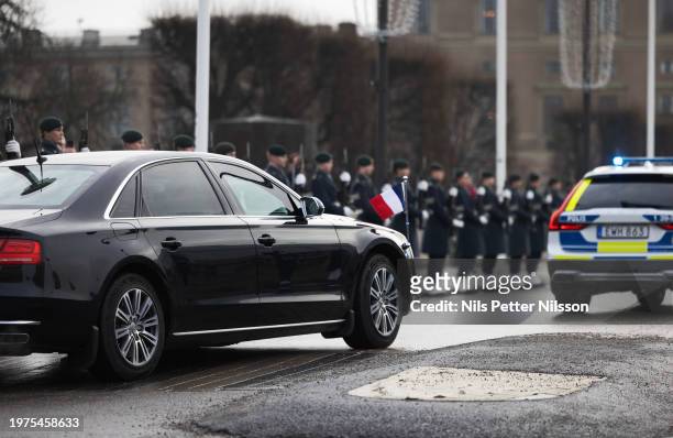 President Macron arrives to the Royal Palace on January 30, 2024 in Stockholm, Sweden. The two-day visit consisted of trips to Stockholm, Lund, and...
