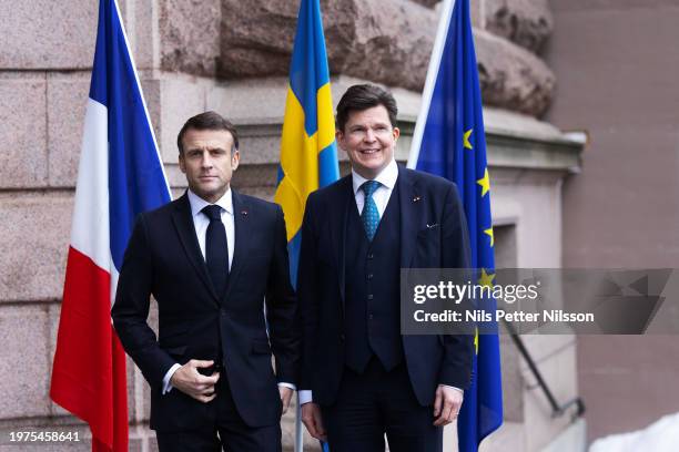 President Macron is greeted by first speaker of the house, Andreas Norlén at the Swedish Parliament, RIksdagen, on January 30, 2024 in Stockholm,...