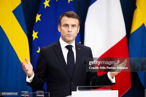 Press briefing with President Macron and Prime Minister Ulf Kristersson at the Swedish Parliament, RIksdagen, on January 30, 2024 in Stockholm,...