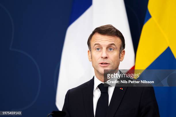 Press briefing with President Macron and Prime Minister Ulf Kristersson at the Swedish Parliament, RIksdagen, on January 30, 2024 in Stockholm,...
