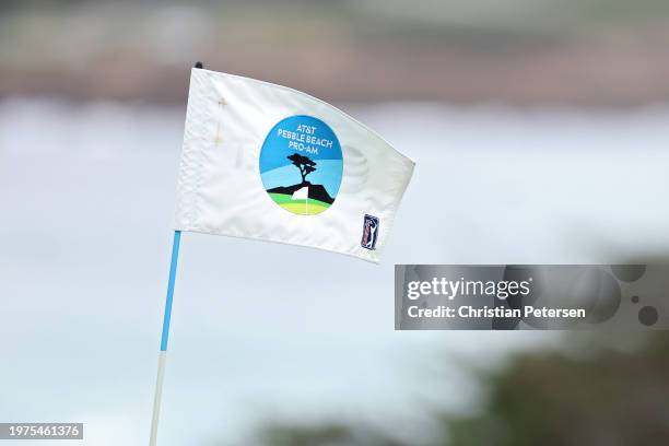 Detailed view of a flag stick prior to the AT&T Pebble Beach Pro-Am at Spyglass Hill Golf Course on January 31, 2024 in Pebble Beach, California.