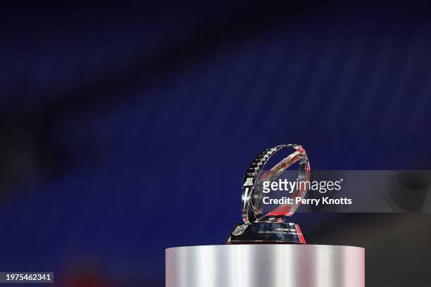 Detailed view of the Lamar Hunt Trophy after the AFC Championship NFL football game between the Kansas City Chiefs and the Baltimore Ravens at M&T...