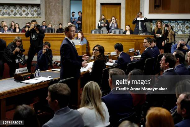 Mark Zuckerberg, CEO of Meta, speaks directly to victims and their family members during a Senate Judiciary Committee hearing at the Dirksen Senate...