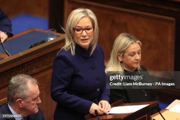 Sinn Fein vice-president Michelle O'Neill speaking after she has been appointed as Northern Ireland's First Minister during proceedings of the...