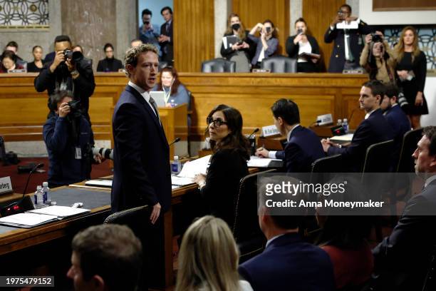 Mark Zuckerberg, CEO of Meta, speaks directly to victims and their family members during a Senate Judiciary Committee hearing at the Dirksen Senate...