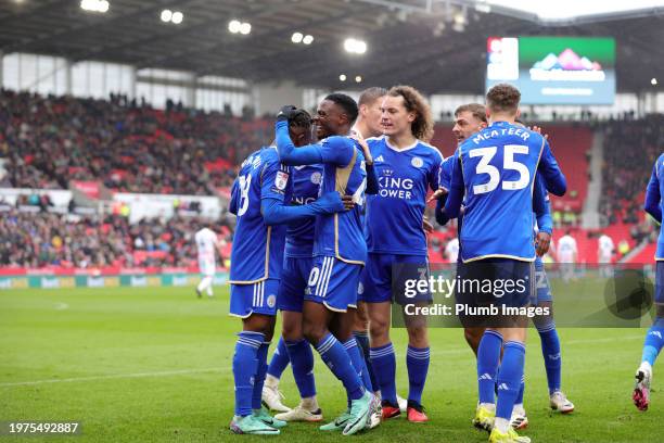 Patson Daka of Leicester City celebrates with his team mates after scoring to make it 0-1 during the Sky Bet Championship match between Stoke City...