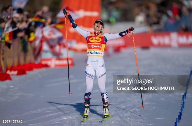 Norway's Ida Marie Hagen celebrates winning the 5km cross country event of the FIS Women's Nordic Combined World Cup in Seefeld, Austria on February...