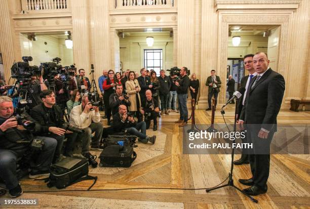 Britain's Northern Ireland Secretary Chris Heaton-Harris speaks to the press following the appointment of Northern Ireland's First Minster from the...