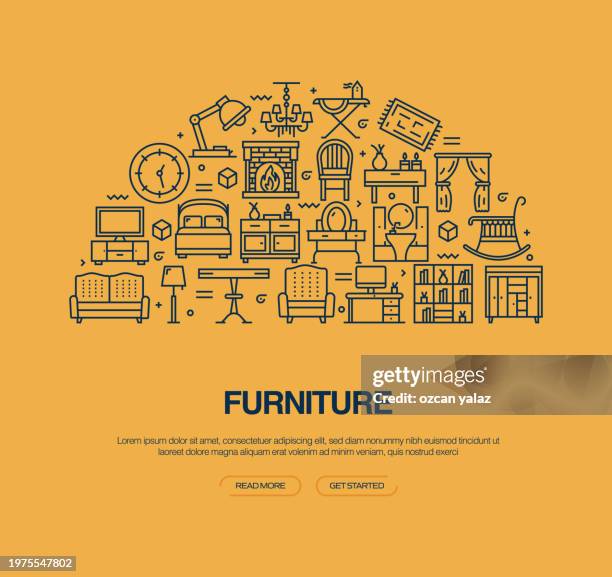 furniture related vector banner design concept. global multi-sphere ready-to-use template. web banner, website header, magazine, mobile application etc. modern design. - empty shelf kitchen stock illustrations