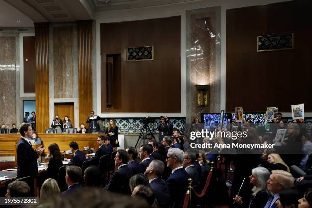 Mark Zuckerberg , CEO of Meta, speaks directly to victims and their family members during a Senate Judiciary Committee hearing at the Dirksen Senate...