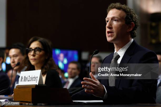 Mark Zuckerberg , CEO of Meta testifies before the Senate Judiciary Committee at the Dirksen Senate Office Building on January 31, 2024 in...