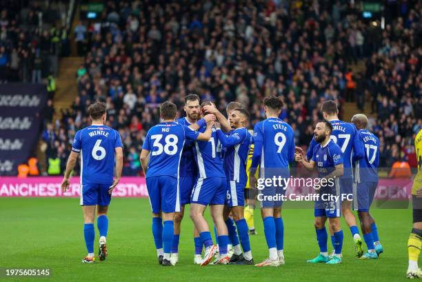 Josh Bowler of Cardiff City FC scores against Watford during the Sky Bet Championship match between Watford and Cardiff City at Vicarage Road on...