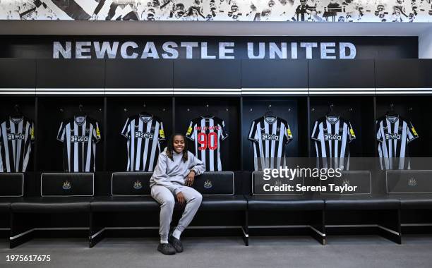 Paige Bailey-Gayle poses for photographs after signing for Newcastle United Women at St.James' Park on January 29, 2024 in Newcastle upon Tyne,...