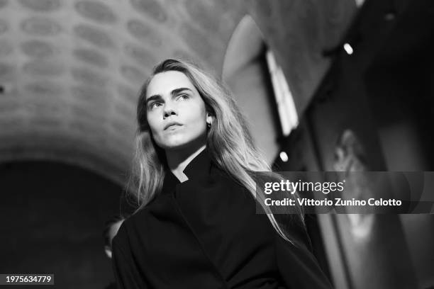 Model walks the runway at the Wood Wood show during the Copenhagen Fashion Week AW24 on January 31, 2024 in Copenhagen, Denmark.