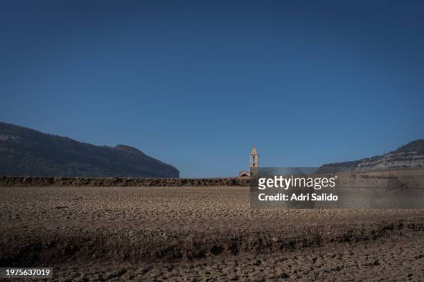 View of the drought in the swamp on January 31, 2024 in Barcelona, Spain. The Sau reservoir, in the province of Barcelona, is at its historical...