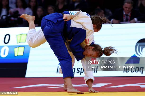 Netherlands' Joanne van Lieshout fights against Britain's Lucy Renshall in the women's -63kg bronze medal bout during the Paris Grand Slam judo...