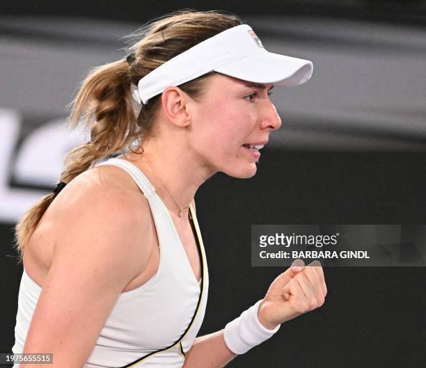 Russia's Ekaterina Alexandrova reacts as she plays against Croatia's Donna Vekic during the semi-final match of the WTA Upper Austria Ladies Linz...