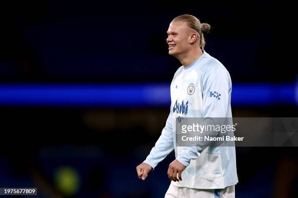 Erling Haaland of Manchester City smiles as he warms up prior to the Premier League match between Manchester City and Burnley FC at Etihad Stadium on...