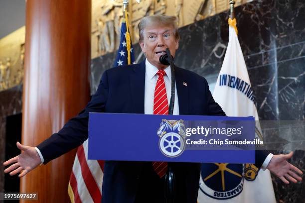 Republican presidential candidate and former U.S. President Donald Trump delivers remarks after meeting with leaders of the International Brotherhood...