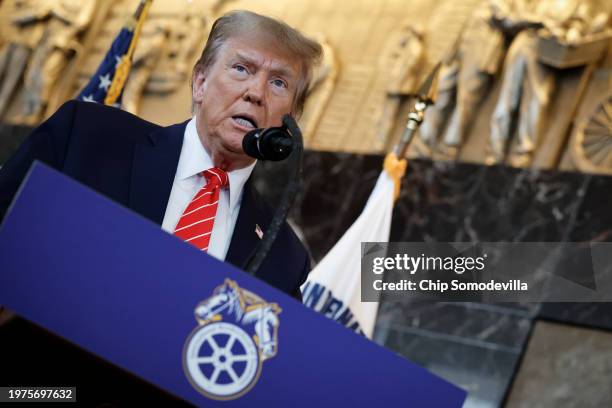 Republican presidential candidate and former U.S. President Donald Trump delivers remarks after meeting with leaders of the International Brotherhood...